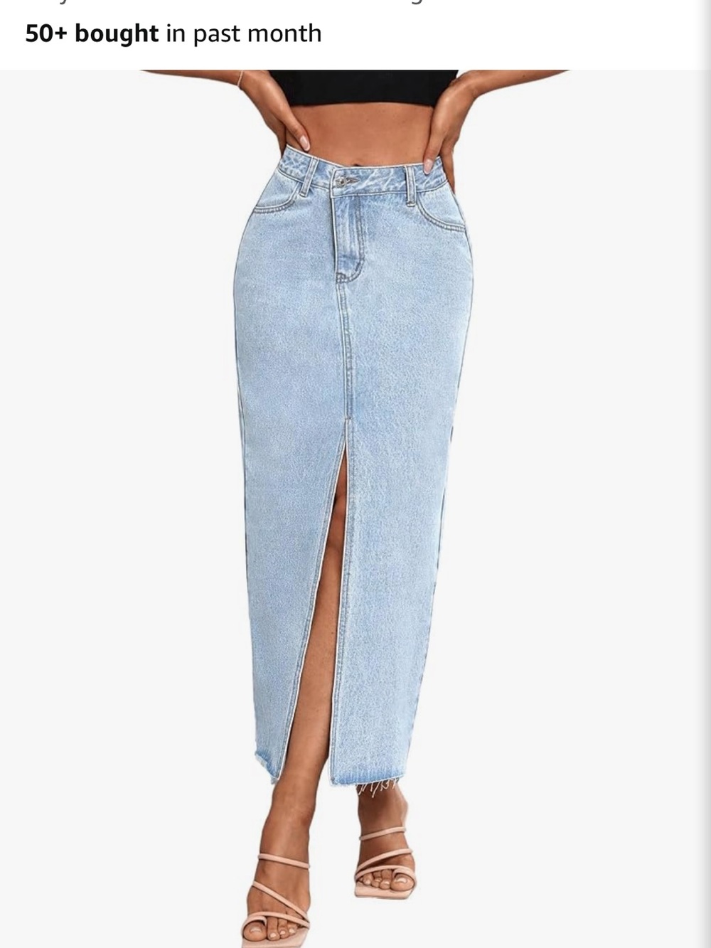 Light Wash High-Waist Denim Maxi Skirt with Front Slit